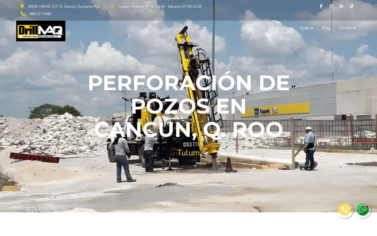 Captura de Drillmaq con maquinaria de perforación y el texto Perforación de pozos en Cancún