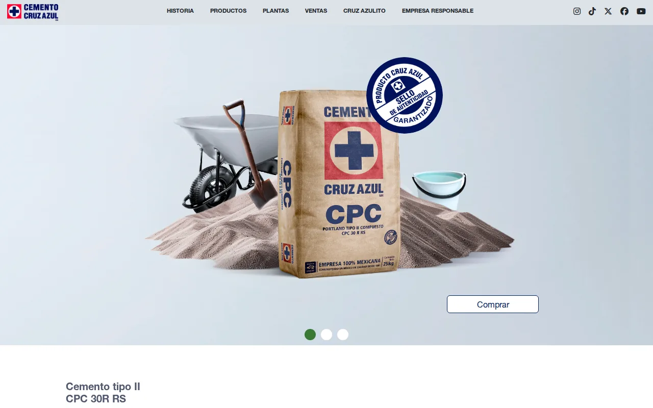 Captura del sitio de Cemento Cruz Azul con un saco de cemento y su página de producto