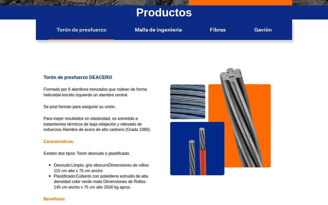 Captura de DEACERO con la sección de torón de presfuerzo y fotografías de productos de acero