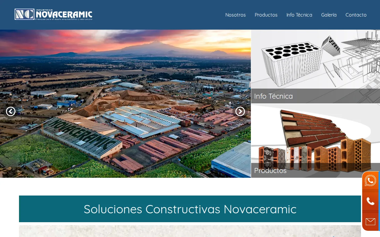 Captura de Novaceramic con una vista de su planta y accesos a información técnica y productos cerámicos